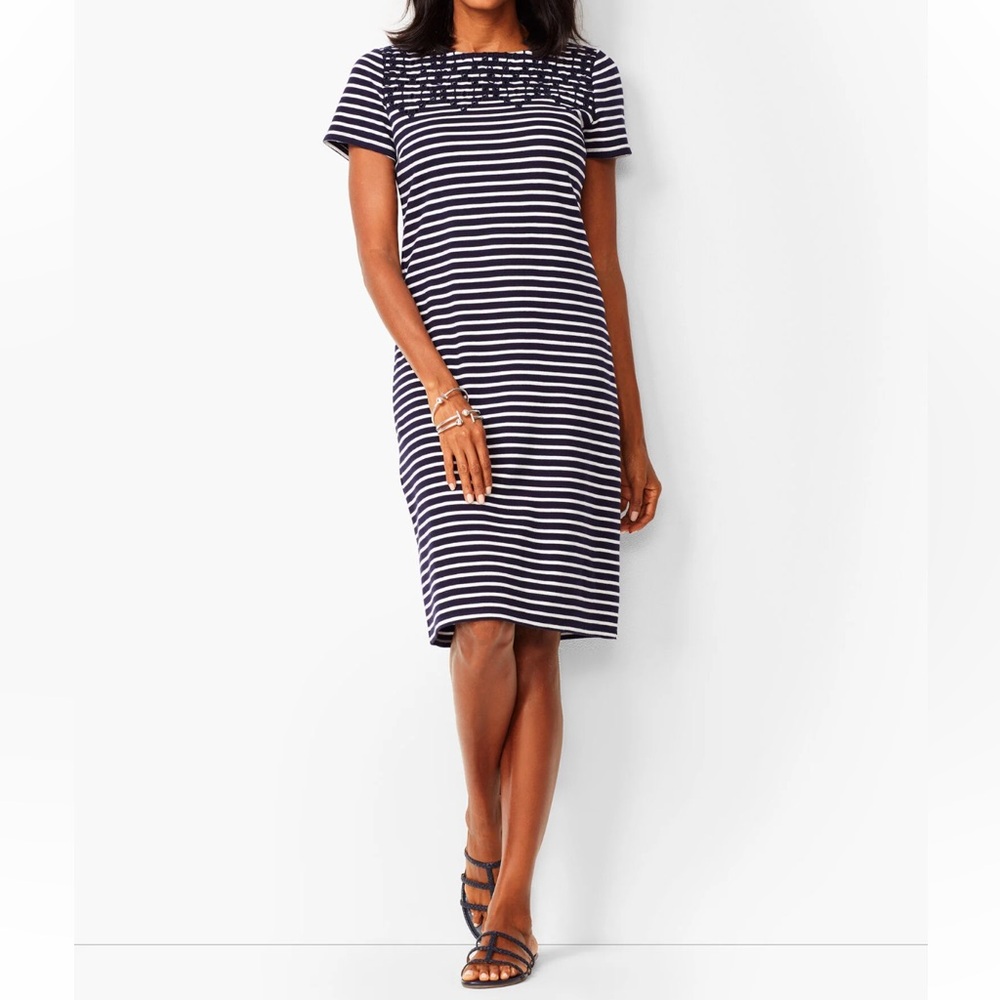 Talbots Embroidered Yoke Shift Dress Navy White Stripes 100% Cotton‎ Coastal S